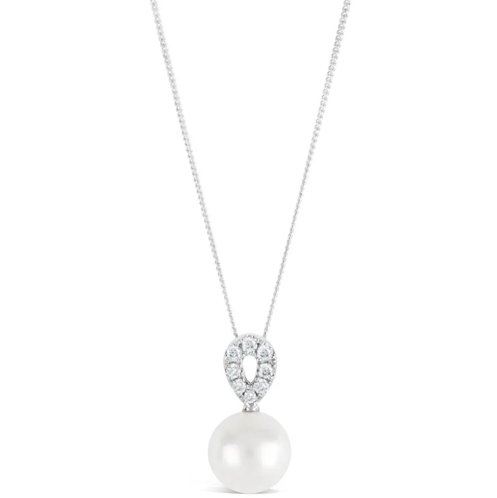 9ct White Gold 0.10ct Diamond and Pearl Loop Top Pendant