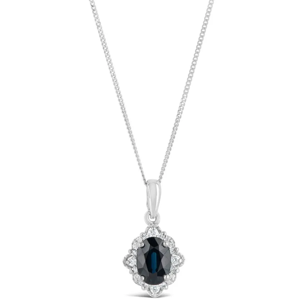 9ct White Gold 0.18ct Diamond and Sapphire Antique Style Pendant