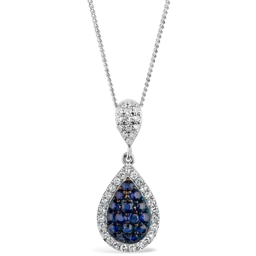 9ct White Gold 0.15ct Diamond and Sapphire Pear Drop Pendant