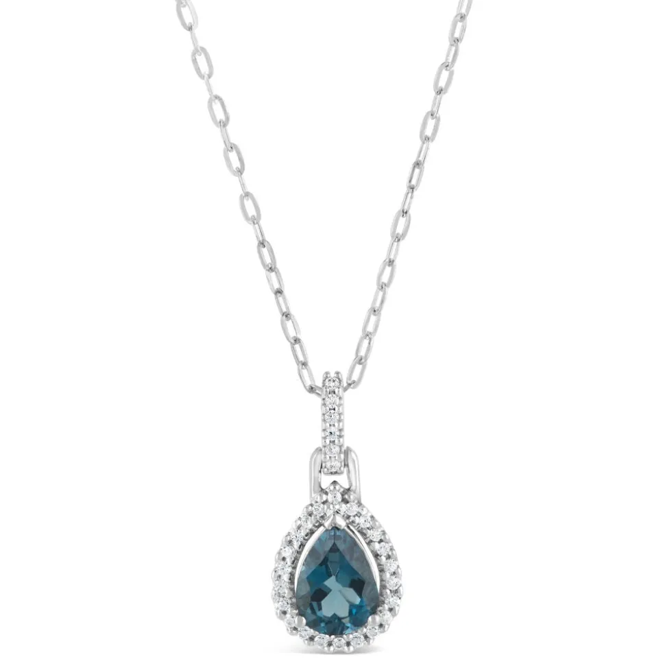9ct White Gold 0.10ct Diamond and Blue Topaz Pear Pendant