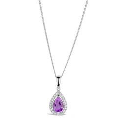 9ct White Gold 0.10ct Diamond and Amethyst Pear Drop Pendant