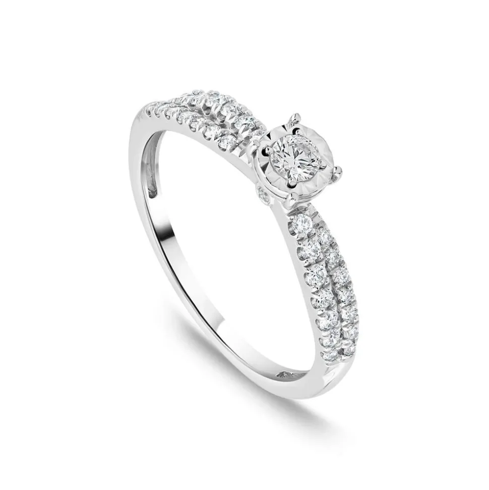 9ct White Gold 0.33ct Diamond Illusion Solitaire & Twisted Pave Shoulders Ring