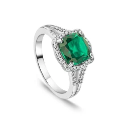 9ct White Gold 0.15ct Diamond and Created Emerald Cushion Halo Ring