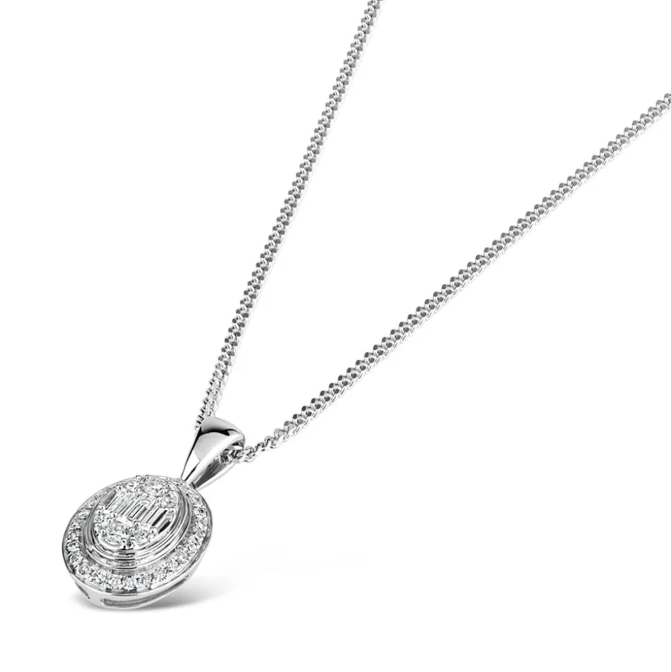 9ct White Gold 0.20ct Diamond Oval & Baguette Pendant