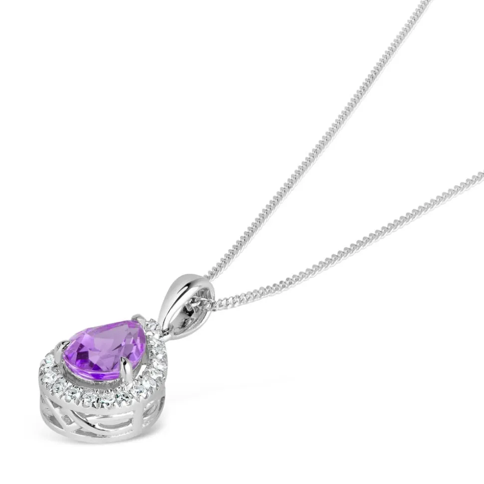 9ct White Gold 0.10ct Diamond and Amethyst Pear Drop Pendant