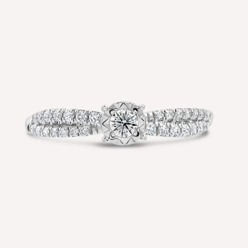 9ct White Gold 0.33ct Diamond Illusion Solitaire & Twisted Pave Shoulders Ring