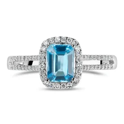 9ct White Gold 0.20ct Diamond and Blue Topaz Emerald Halo Ring