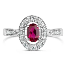 9ct White Gold 0.17ct Diamond and Created Ruby Pave Halo Ring