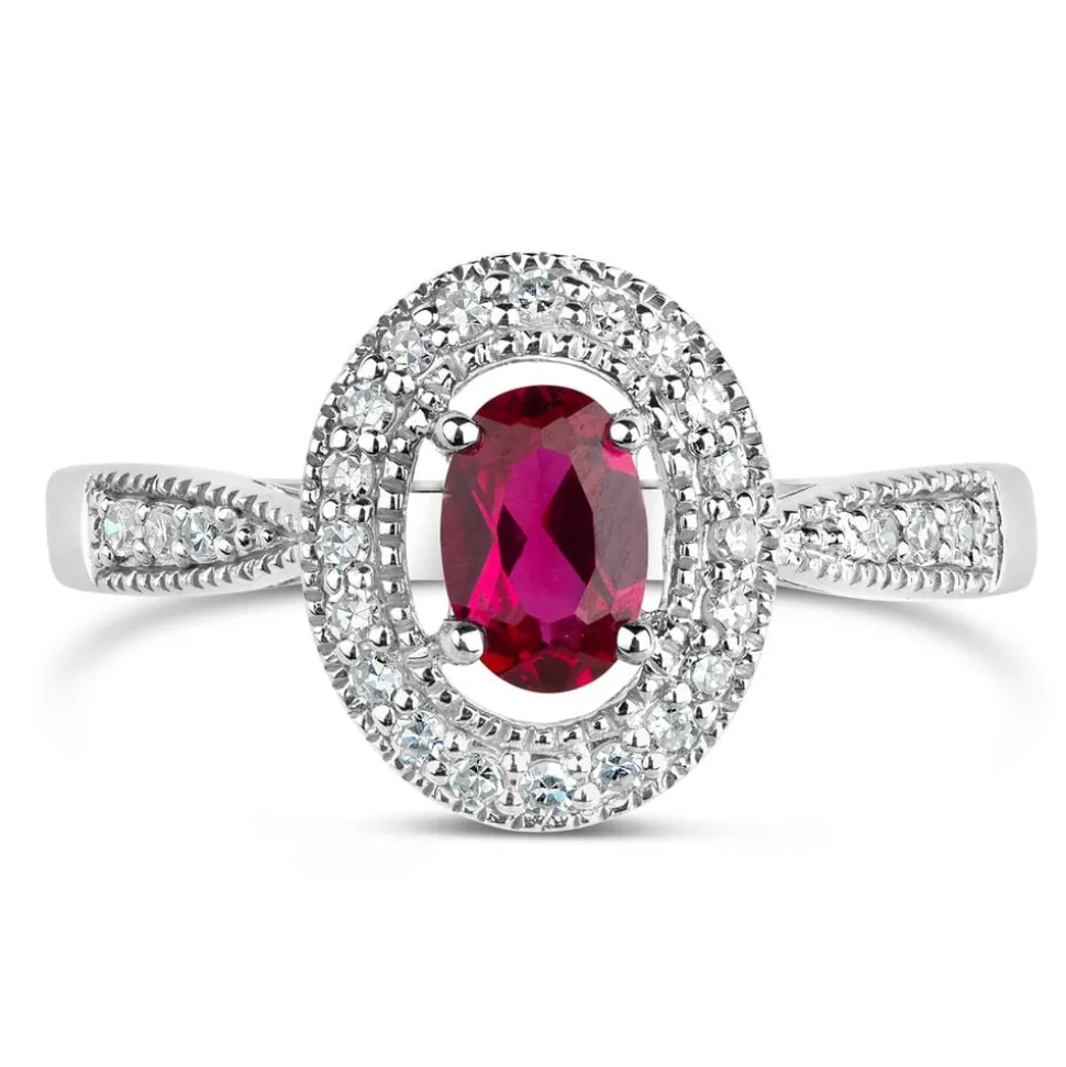 9ct White Gold 0.17ct Diamond and Created Ruby Pave Halo Ring