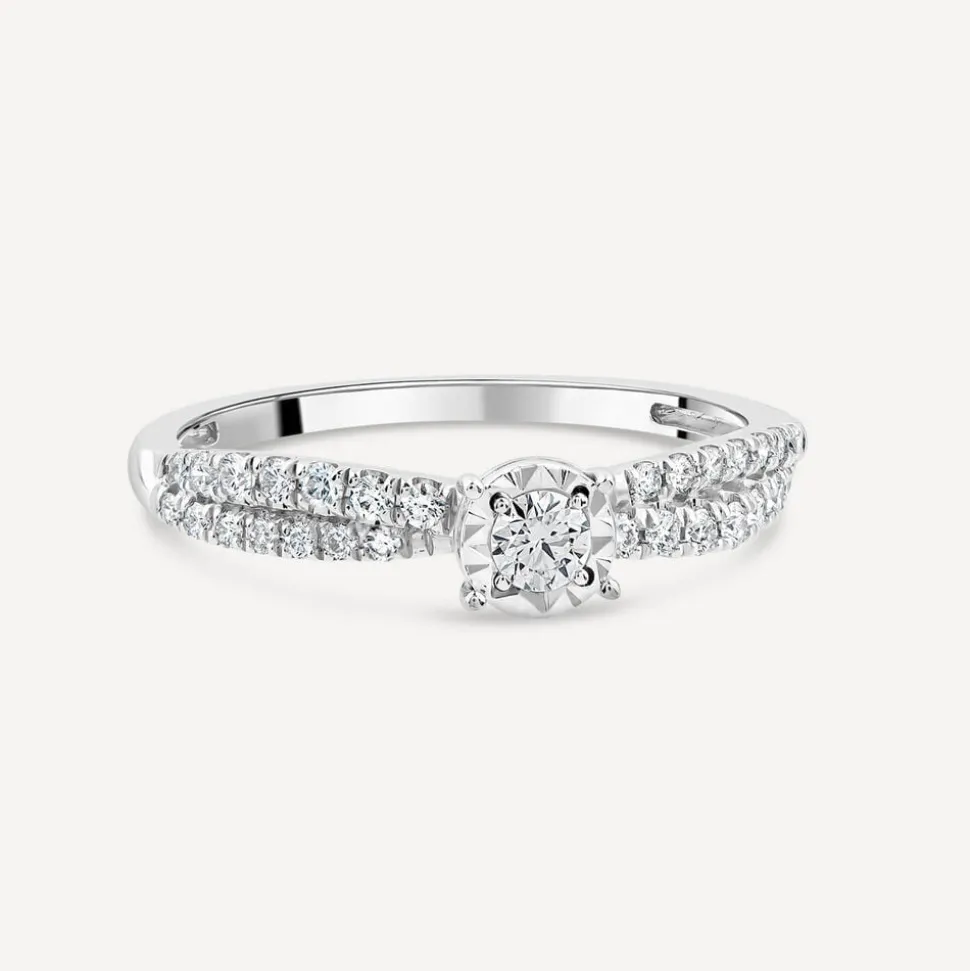 9ct White Gold 0.33ct Diamond Illusion Solitaire & Twisted Pave Shoulders Ring