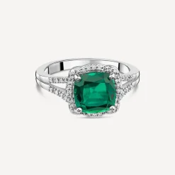 9ct White Gold 0.15ct Diamond and Created Emerald Cushion Halo Ring