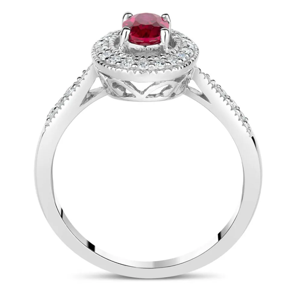 9ct White Gold 0.17ct Diamond and Created Ruby Pave Halo Ring