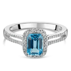 9ct White Gold 0.20ct Diamond and Blue Topaz Emerald Halo Ring