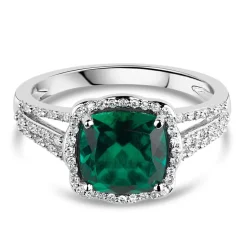 9ct White Gold 0.15ct Diamond and Created Emerald Cushion Halo Ring