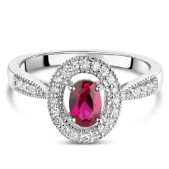 9ct White Gold 0.17ct Diamond and Created Ruby Pave Halo Ring
