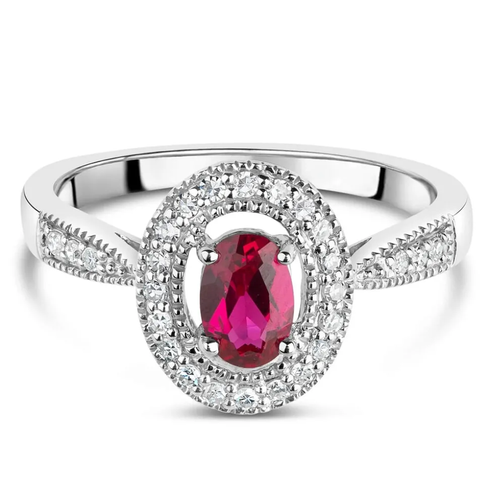 9ct White Gold 0.17ct Diamond and Created Ruby Pave Halo Ring