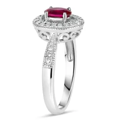 9ct White Gold 0.17ct Diamond and Created Ruby Pave Halo Ring
