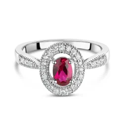9ct White Gold 0.17ct Diamond and Created Ruby Pave Halo Ring