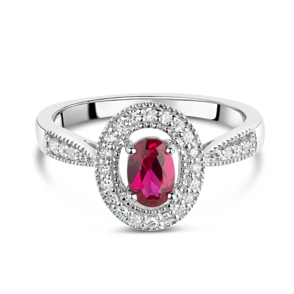 9ct White Gold 0.17ct Diamond and Created Ruby Pave Halo Ring