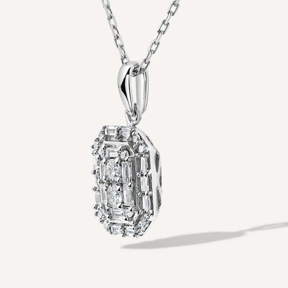 9ct White Gold 0.20ct Octagonal Baguette & Round Cluster Diamond Pendant