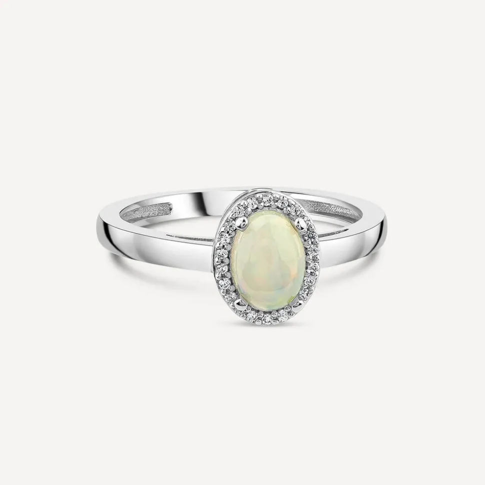 9ct White Gold 0.06ct Opal & Diamond Halo Ring