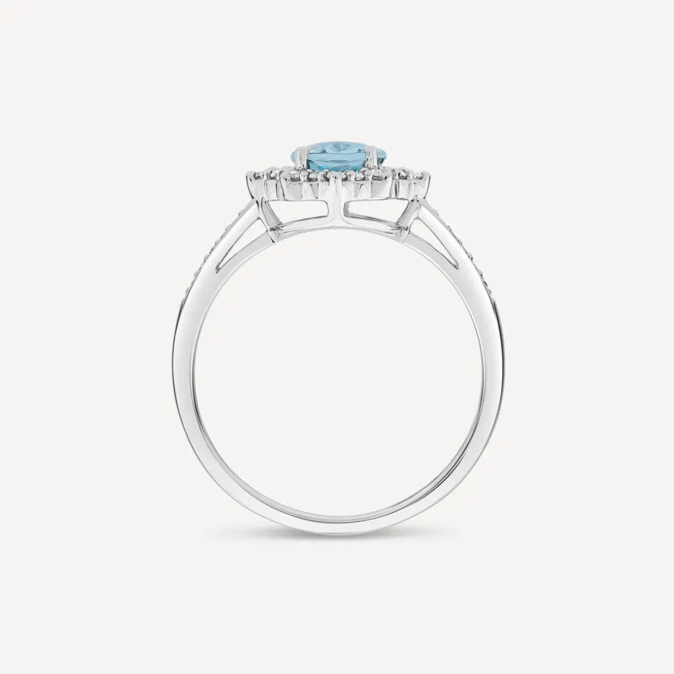 9ct White Gold 0.19ct Oval Aquamarine & Diamond Star Halo Ring