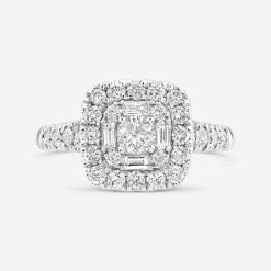 18ct White Gold 1ct Round & Baguette Diamond Square Cluster & Shoulders Ring