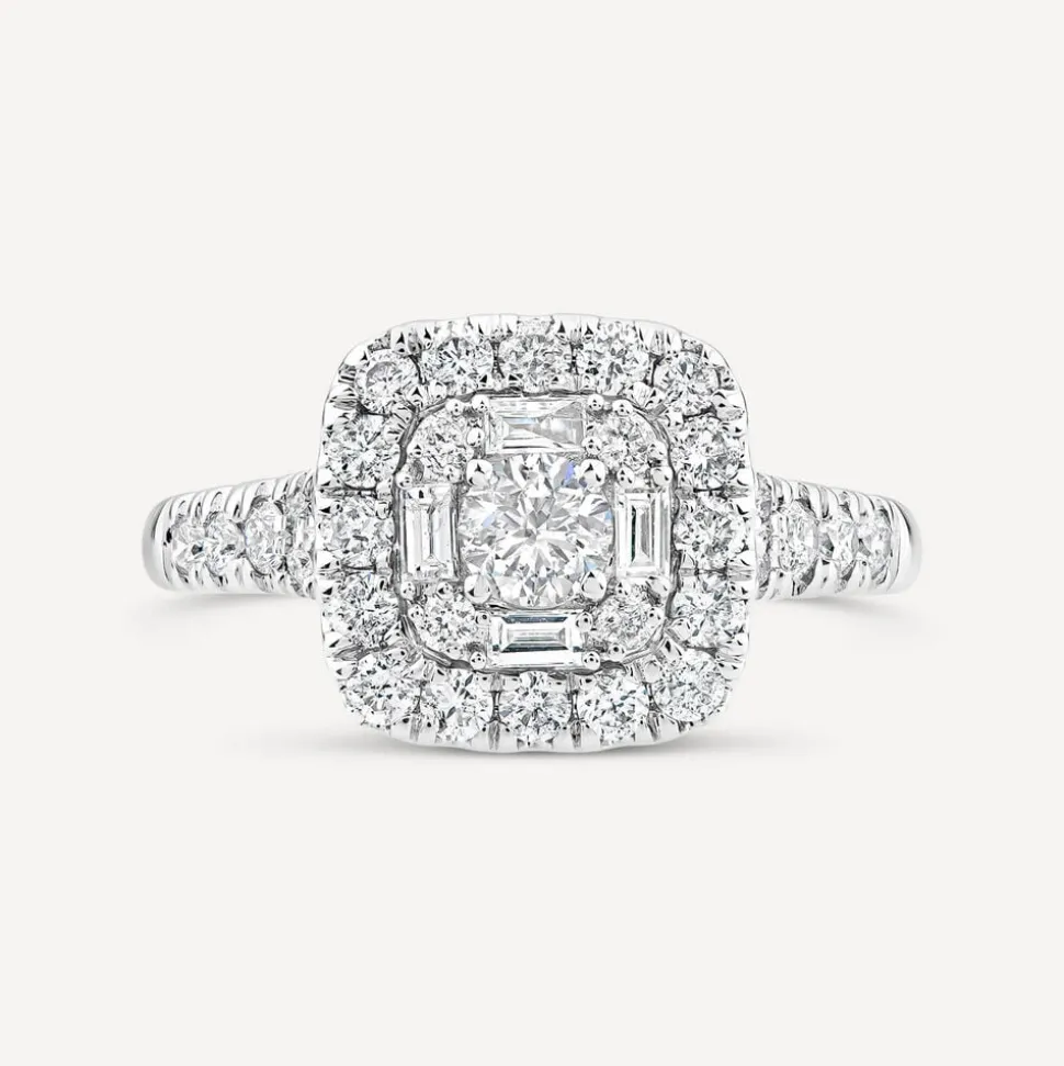 18ct White Gold 1ct Round & Baguette Diamond Square Cluster & Shoulders Ring