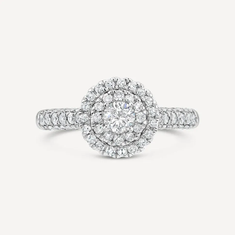 18ct White Gold 0.75ct Round Brilliant Double Halo Cluster & Shoulders Diamond Ring