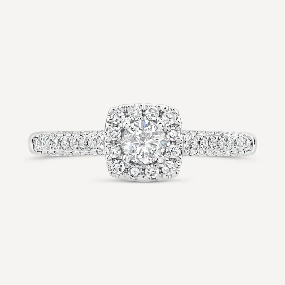18ct White Gold 0.50ct Round Brilliant Centre Square Cluster & Shoulders Diamond Ring