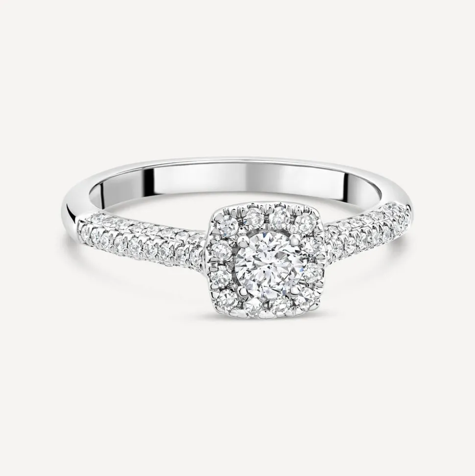 18ct White Gold 0.50ct Round Brilliant Centre Square Cluster & Shoulders Diamond Ring