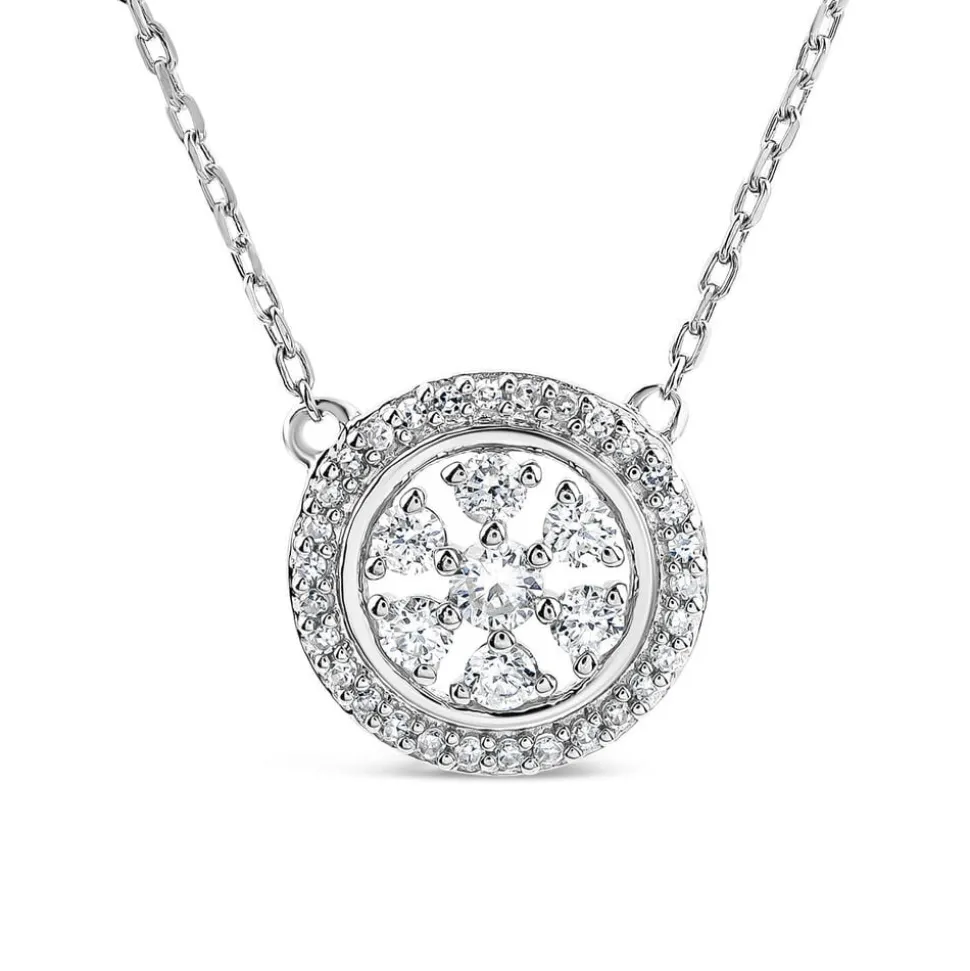 9ct White Gold 0.19ct Round Diamond Halo Flower Disc Necklet