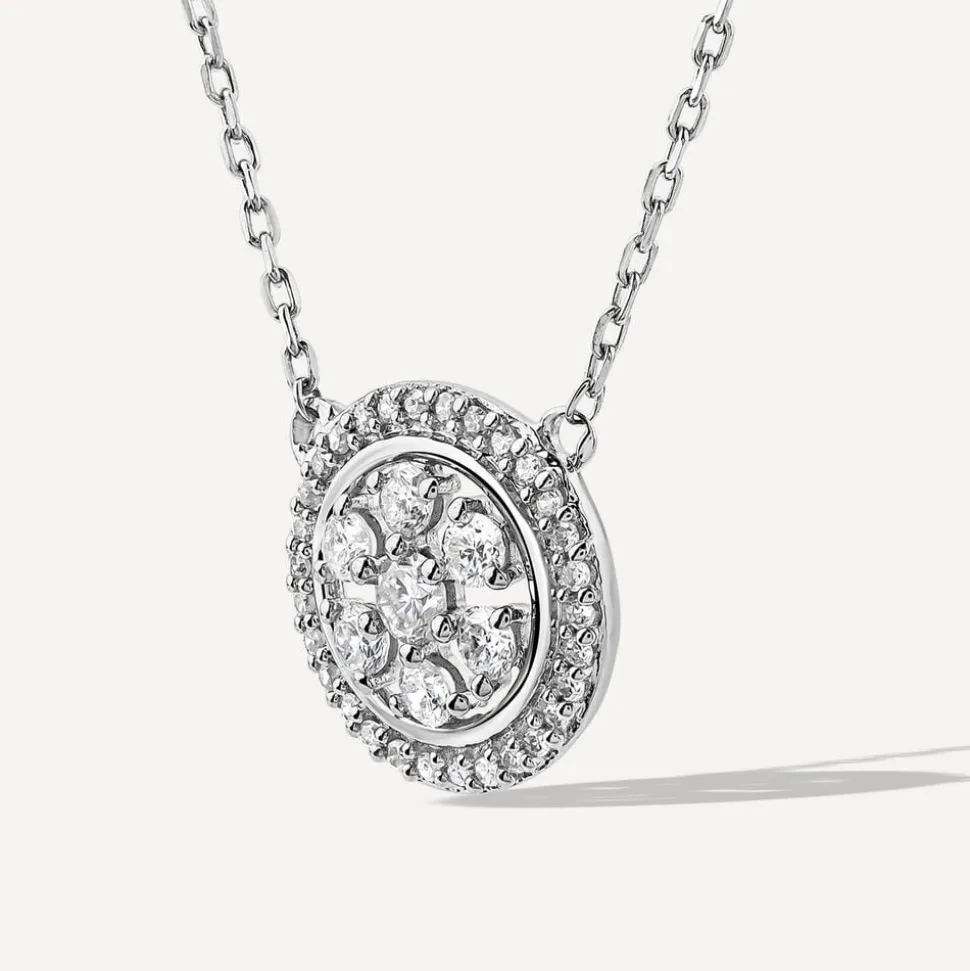 9ct White Gold 0.19ct Round Diamond Halo Flower Disc Necklet