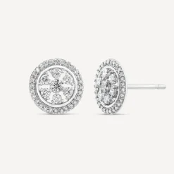 9ct White Gold 0.27ct Round Diamond Flower Halo Disc Stud Earrings