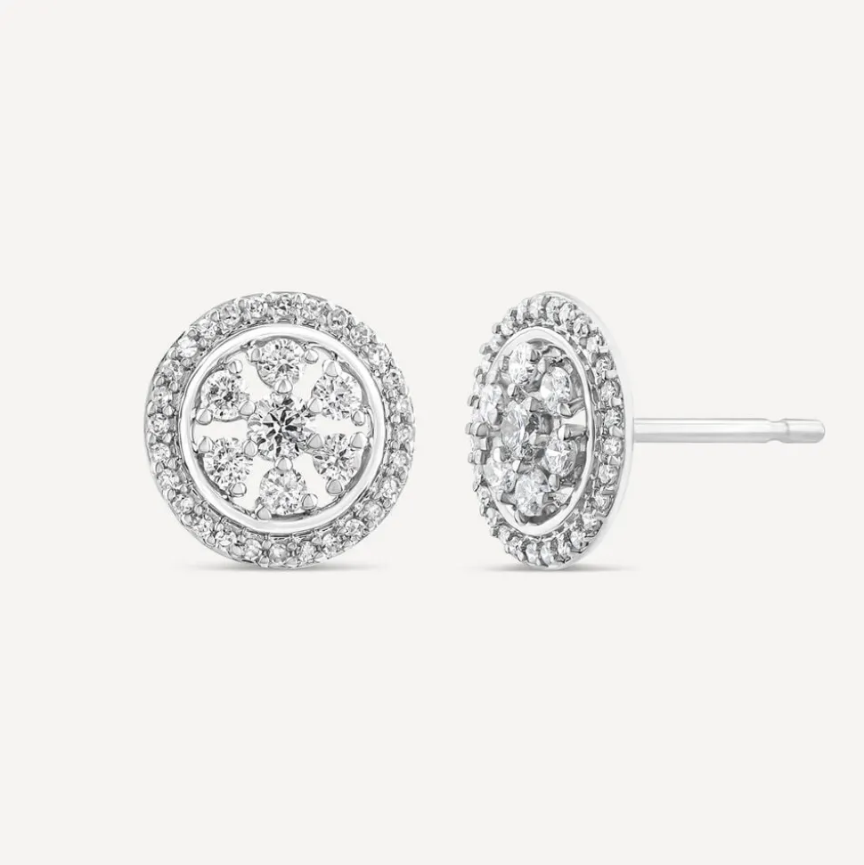 9ct White Gold 0.27ct Round Diamond Flower Halo Disc Stud Earrings
