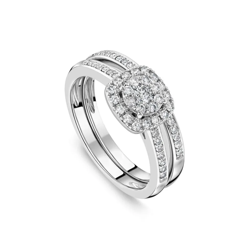 9ct White Gold 0.45ct Square Cluster Halo & Diamond Shoulders Bridal Set