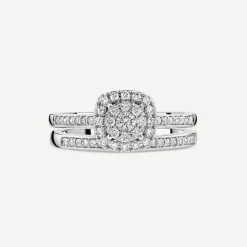 9ct White Gold 0.45ct Square Cluster Halo & Diamond Shoulders Bridal Set