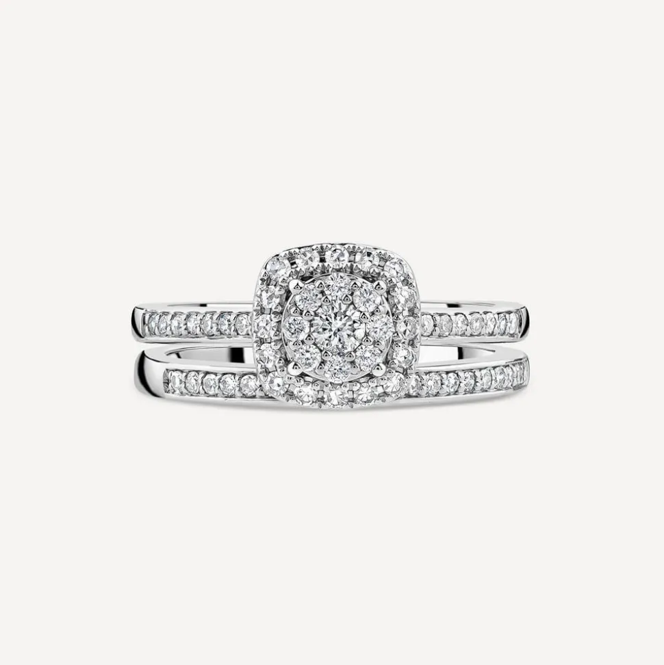 9ct White Gold 0.45ct Square Cluster Halo & Diamond Shoulders Bridal Set