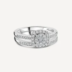 9ct White Gold 0.45ct Square Cluster Halo & Diamond Shoulders Bridal Set
