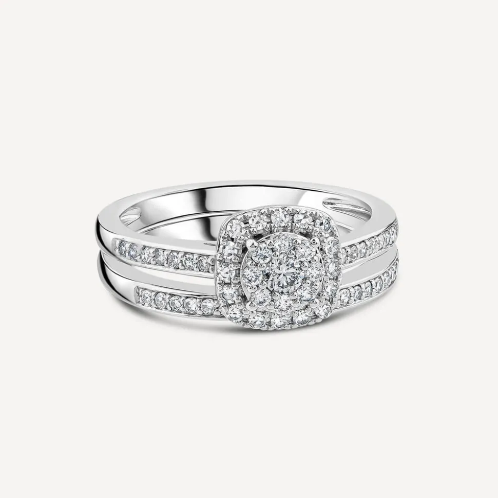 9ct White Gold 0.45ct Square Cluster Halo & Diamond Shoulders Bridal Set