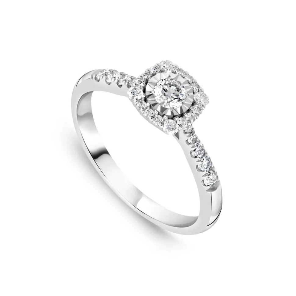 9ct White Gold 0.39ct Square Illusion Diamond Halo Shoulders Ring