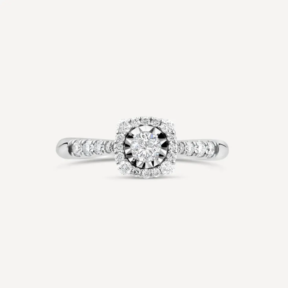 9ct White Gold 0.39ct Square Illusion Diamond Halo Shoulders Ring
