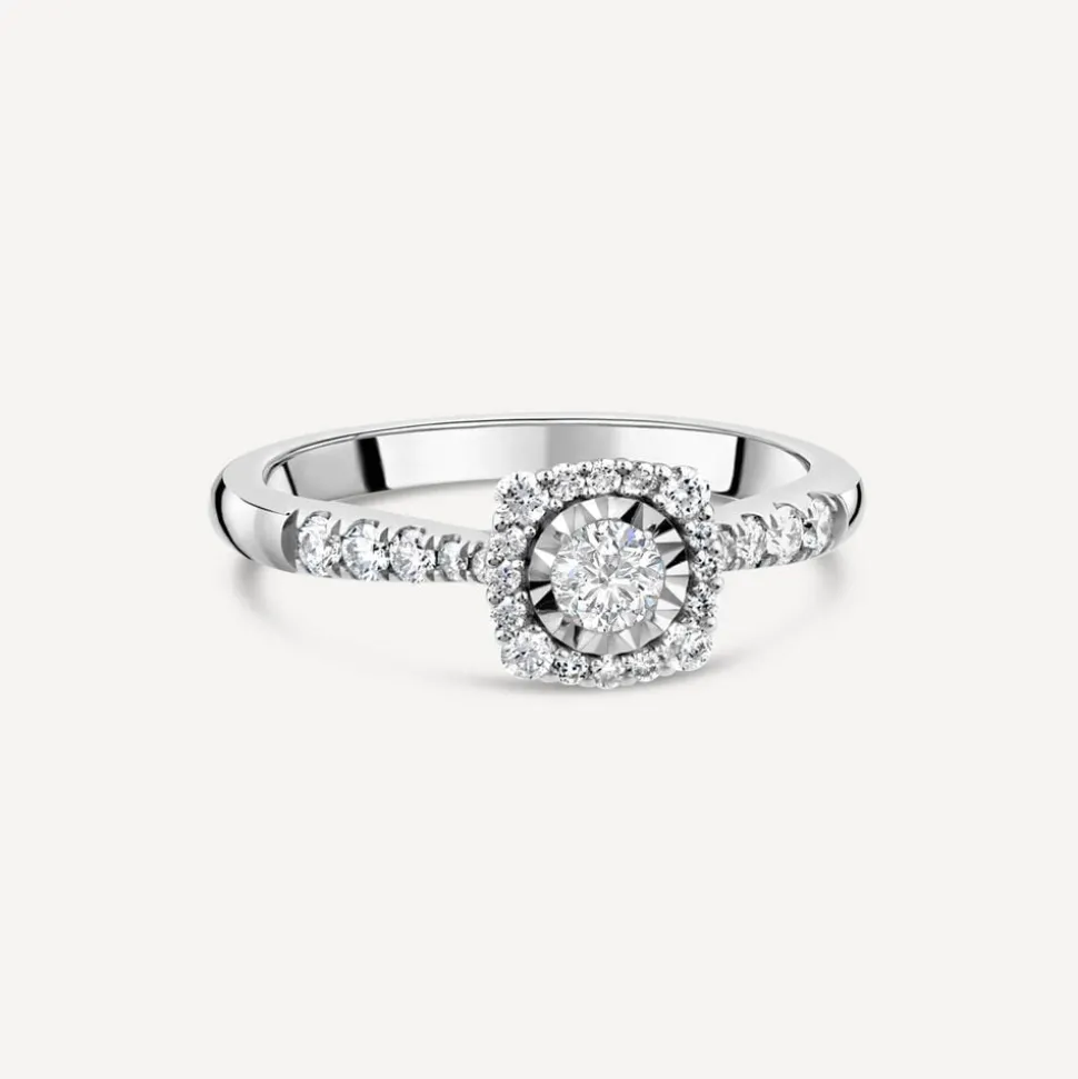 9ct White Gold 0.39ct Square Illusion Diamond Halo Shoulders Ring