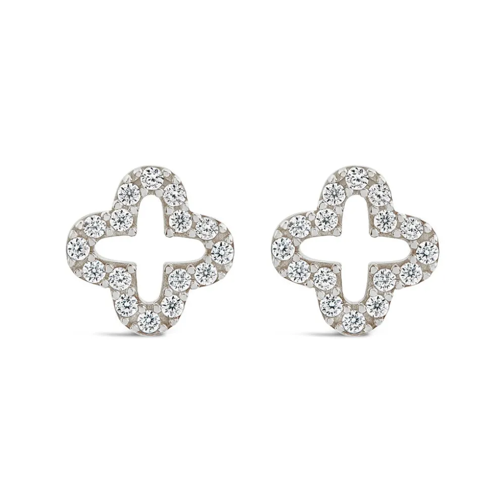 9ct White Gold Cubic Zirconia Set Open Clover Petal Stud Earrings