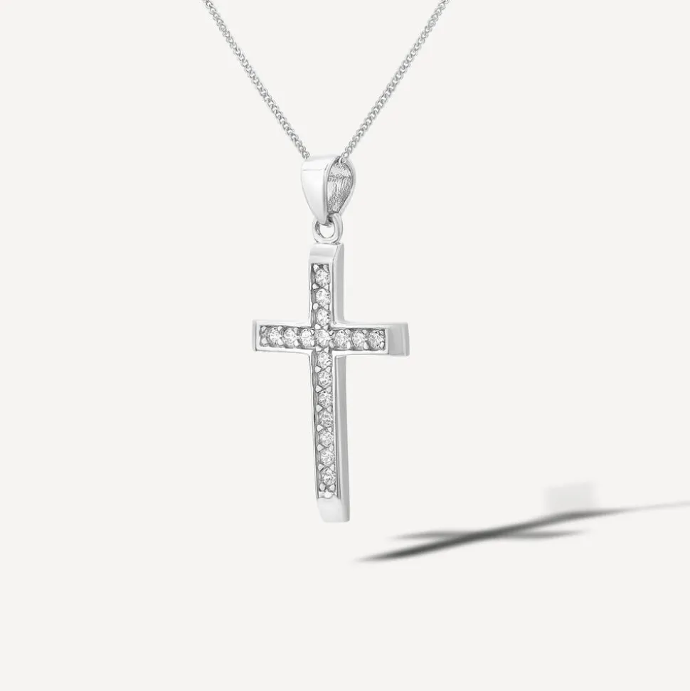 9ct White Gold Cubic Zirconia Channel Set Cross Pendant