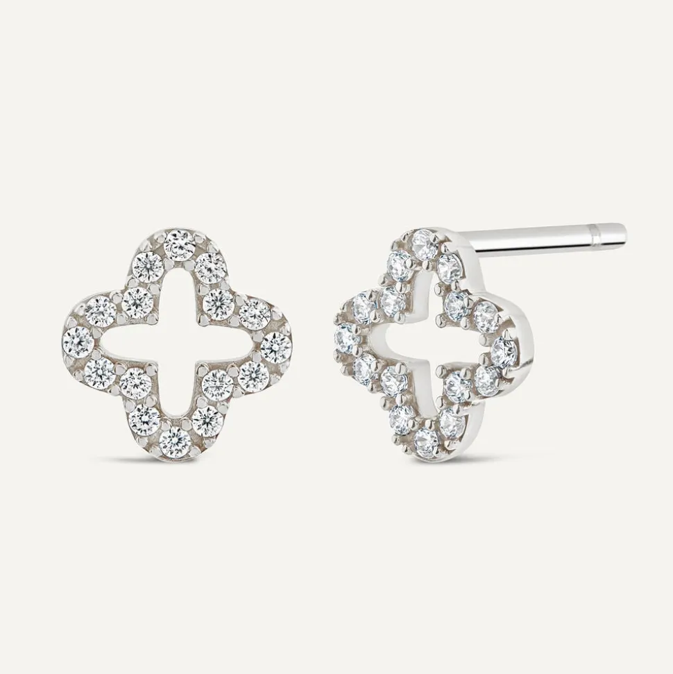 9ct White Gold Cubic Zirconia Set Open Clover Petal Stud Earrings