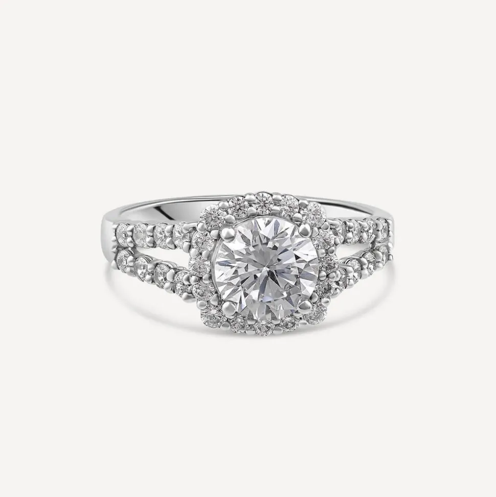 9ct White Gold Cubic Zirconia Open Halo Shoulders Ring