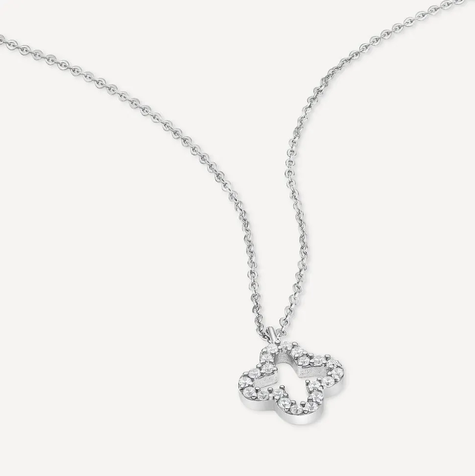 9ct White Gold Cubic Zirconia Set Open Clover Petal Pendant