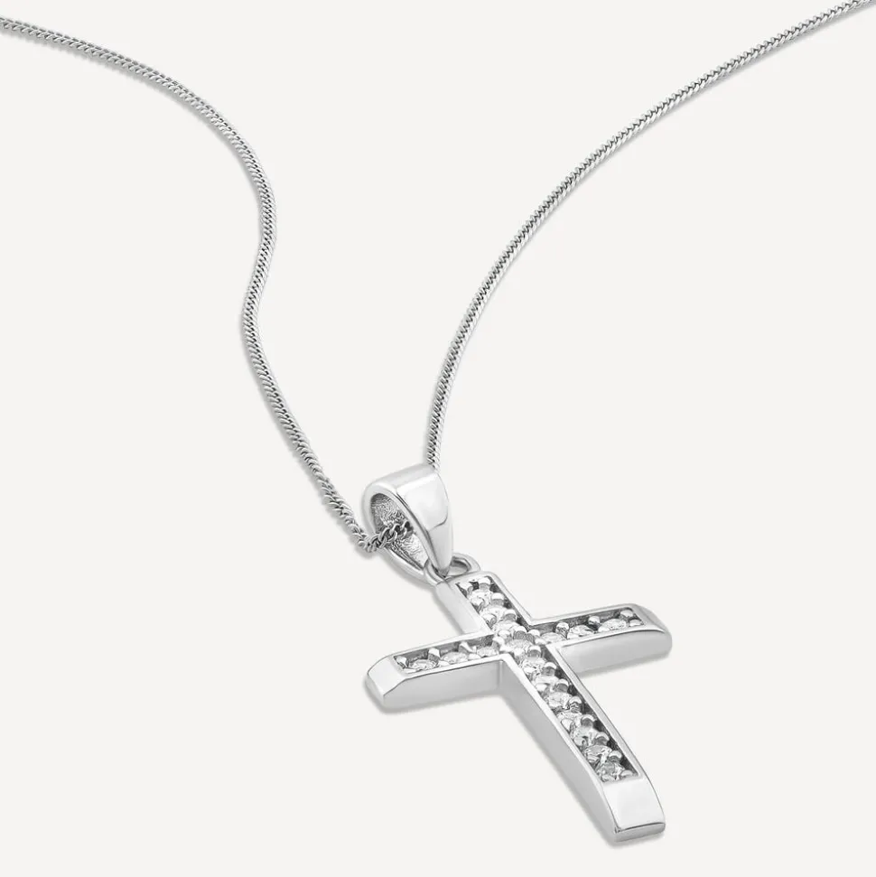 9ct White Gold Cubic Zirconia Channel Set Cross Pendant