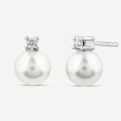 9ct White Gold Cultured Pearl & 0.07ct Diamond Top Set Stud Earrings